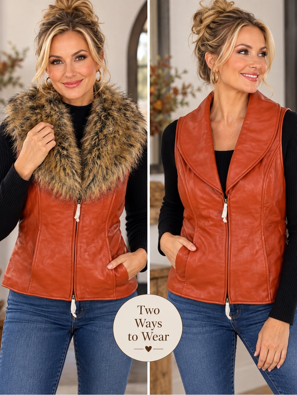 NWT Vintage Terry Lewis Classic Luxuries Vest Size S Orange Leather, Faux-Fur